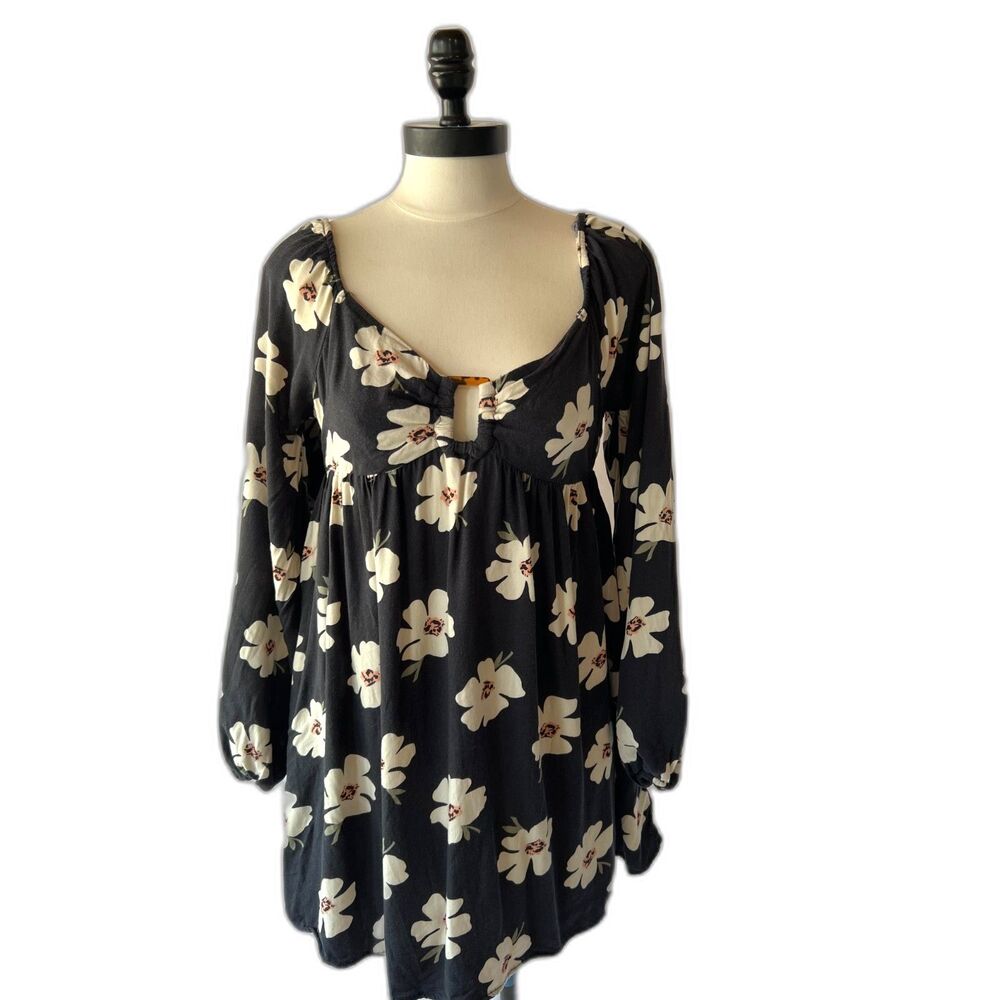 American Eagle Outfitters Black Floral Babydoll Mini Dress Sz M Prairie, Boho